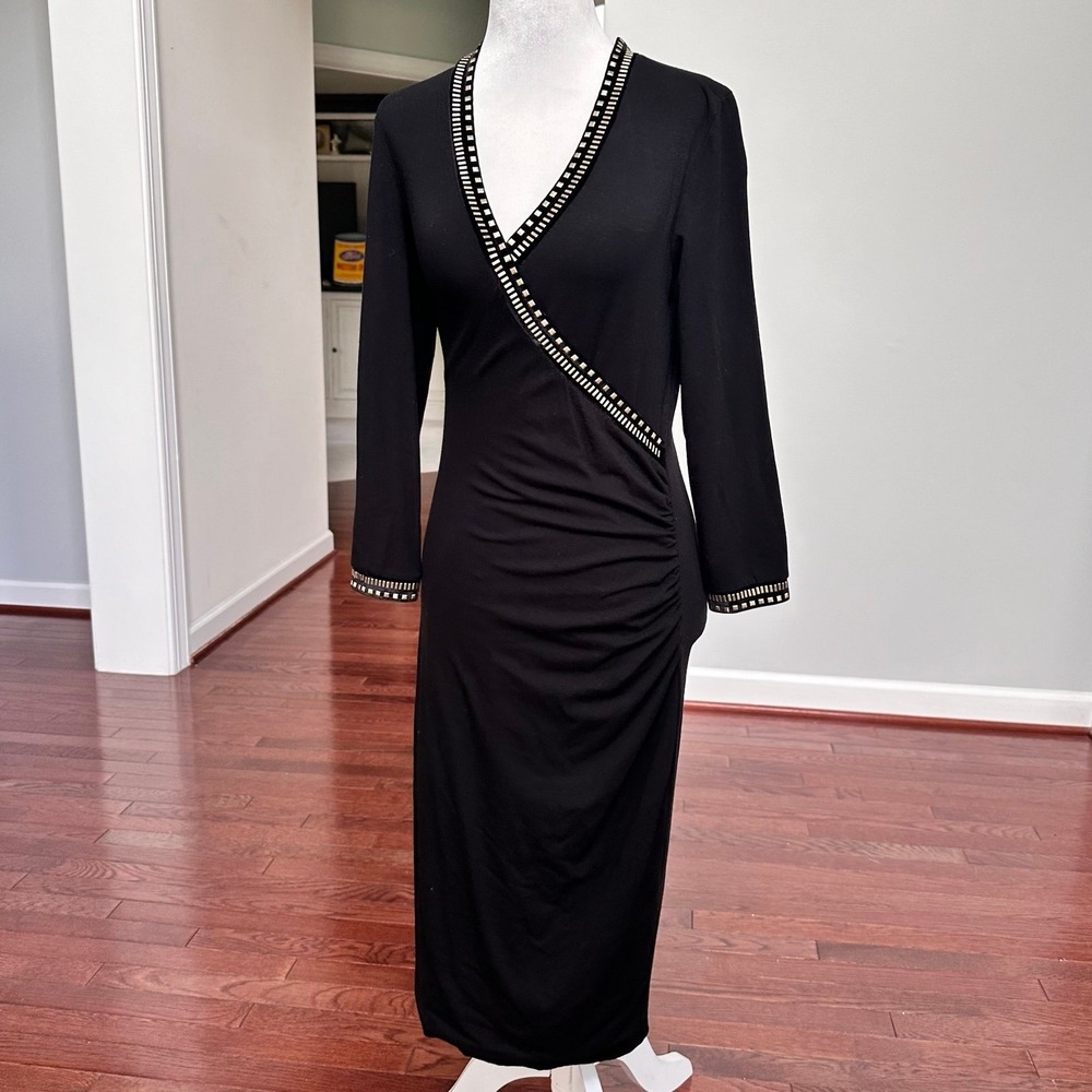 Luxury Black Studded Carmen Marc Valvo V Neck Sexy Feminine Maxi MIDI Dress‎